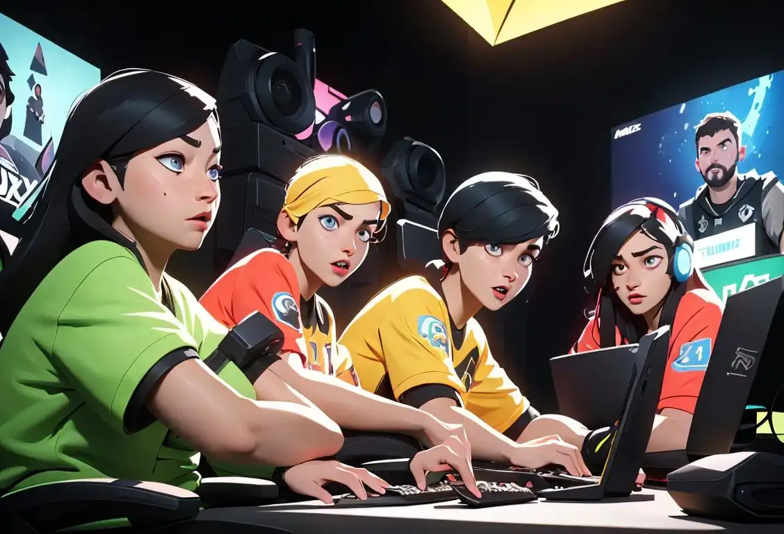 A group of diverse friends, wearing gaming jerseys, sitting around a computer, with intense expressions and gaming equipment scattered around them, celebrating National Raid Day..