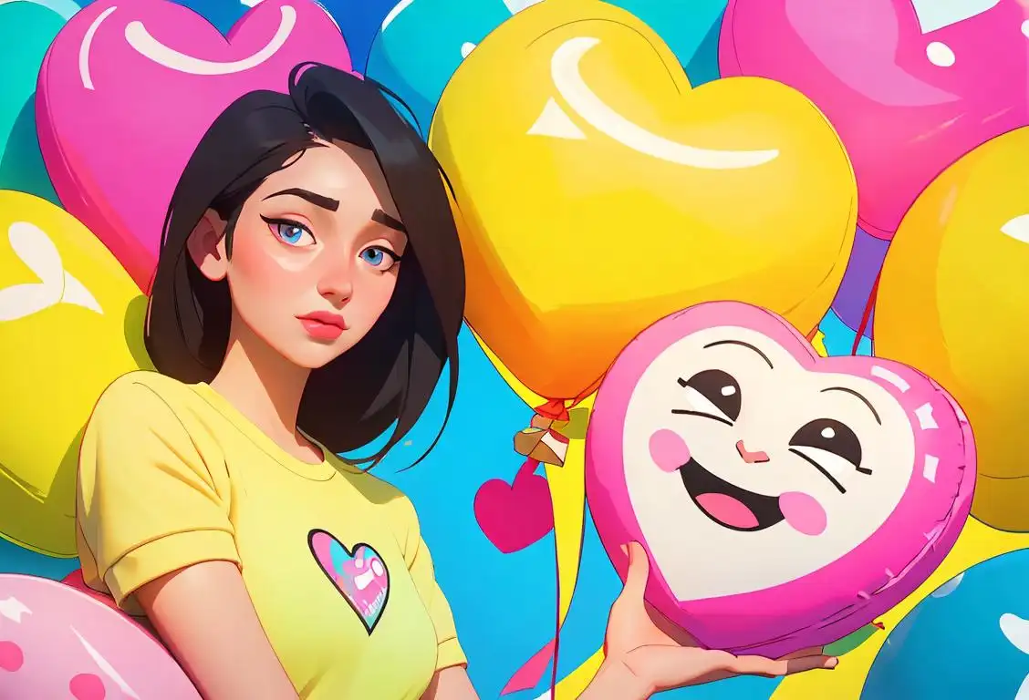 Young woman holding a heart emoji pillow, wearing a colorful outfit, surrounded by vibrant balloons in a park..