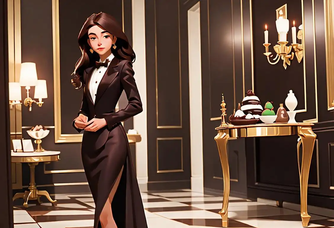 Young woman savoring a rich, chocolate truffle, dressed in elegant attire, standing in an opulent chocolate shop..