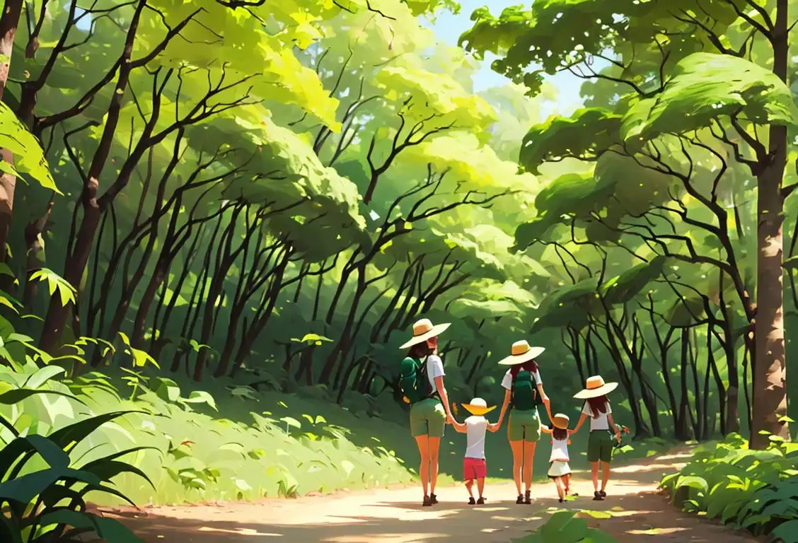 Family hiking through a lush green forest in matching t-shirts, sunhats, and backpacks on National Park on Earth Day.