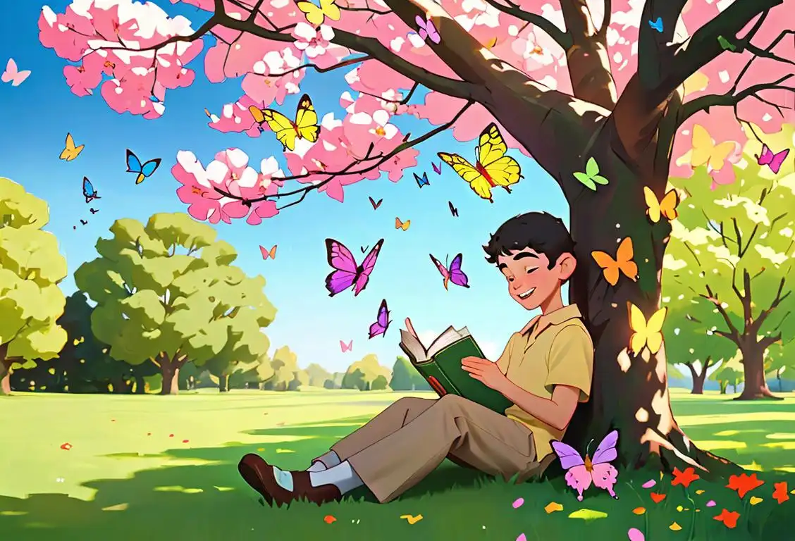 Young boy sitting outdoors under a tree, reading a book with a big smile on his face, surrounded by colorful flowers and butterflies..
