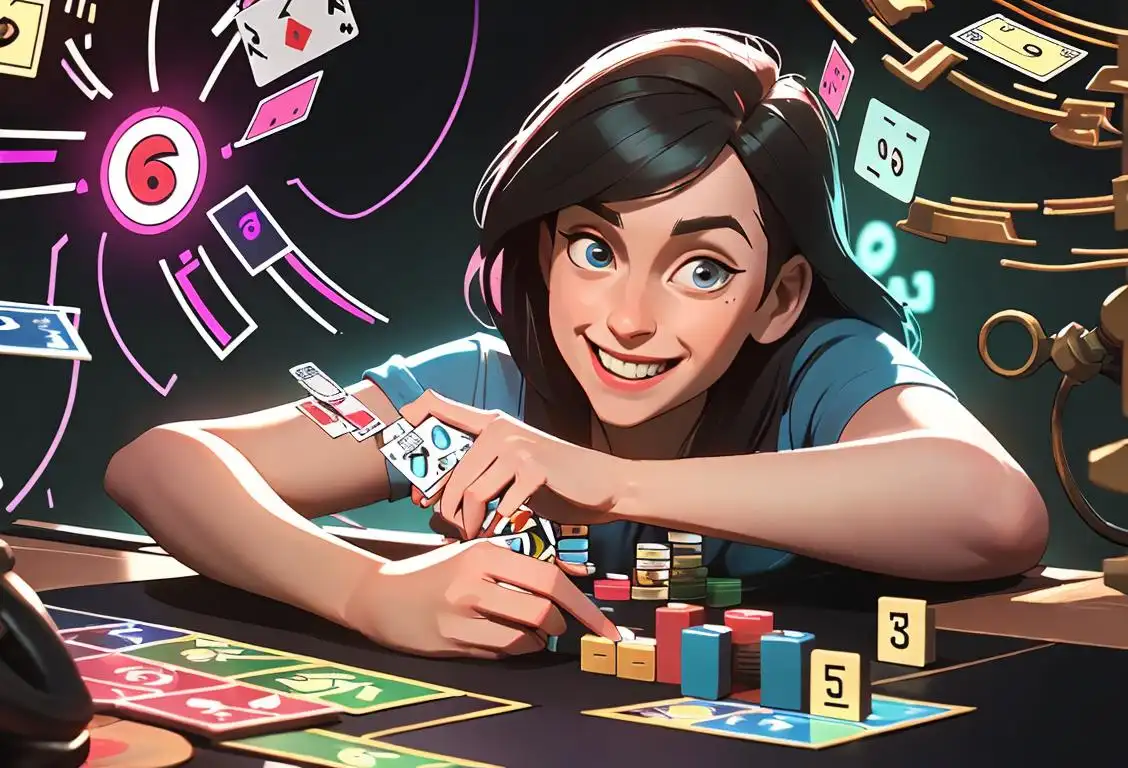 Smiling person in casual clothing playing a board game, surrounded by colorful veto cards and circuit symbols..
