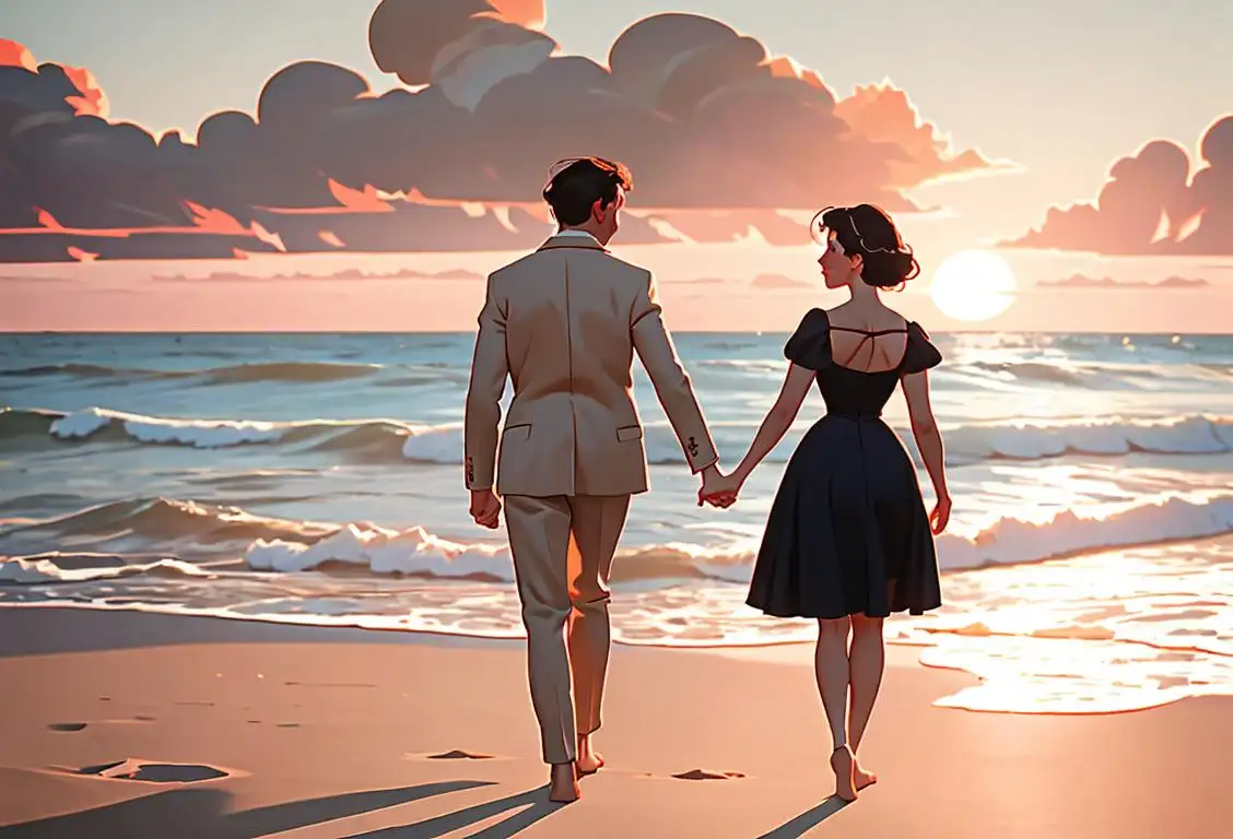 Young couple holding hands, walking on a beach at sunset, dressed in vintage attire, reminiscent of a classic romance movie..