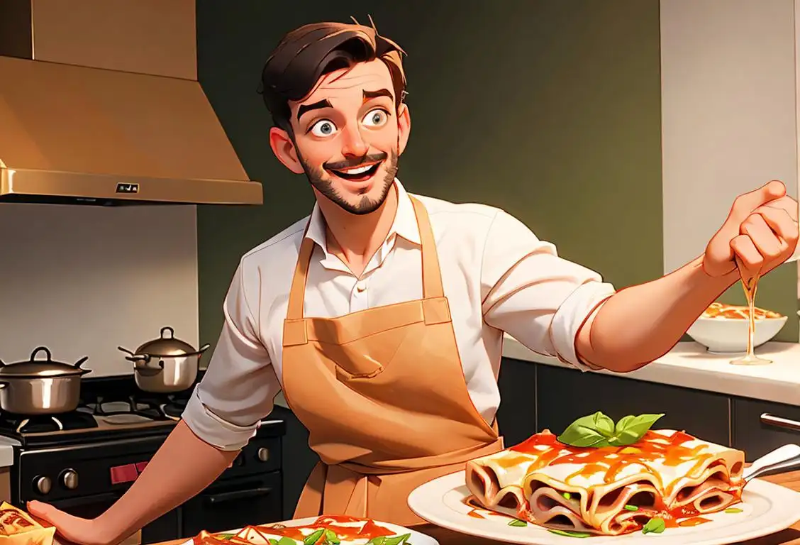 Cheerful person enjoying a mouth-watering lasagne, wearing an apron, with an Italian kitchen scene in the background..