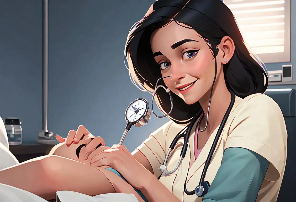Young woman in nurse uniform, comforting patient, hospital setting, holding stethoscope and smiling warmly..