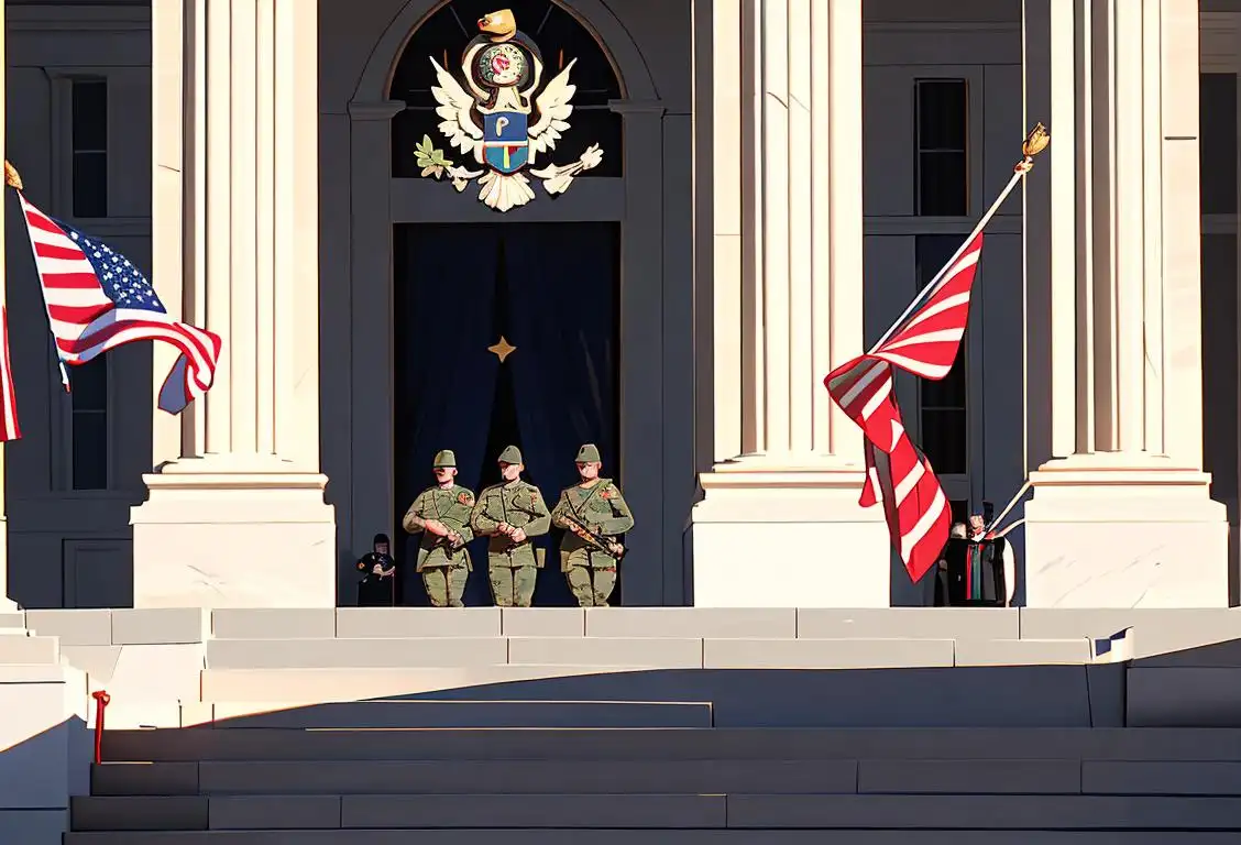 National Guard troops standing in uniform, with American flags in the background, securing a peaceful Inauguration Day..