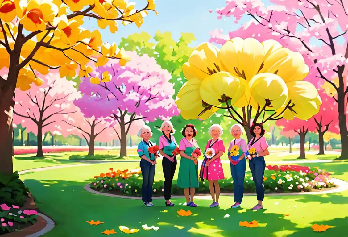 Happy cancer survivors group photo with colorful ribbons, wearing casual outfits in a park setting, surrounded by blooming flowers..