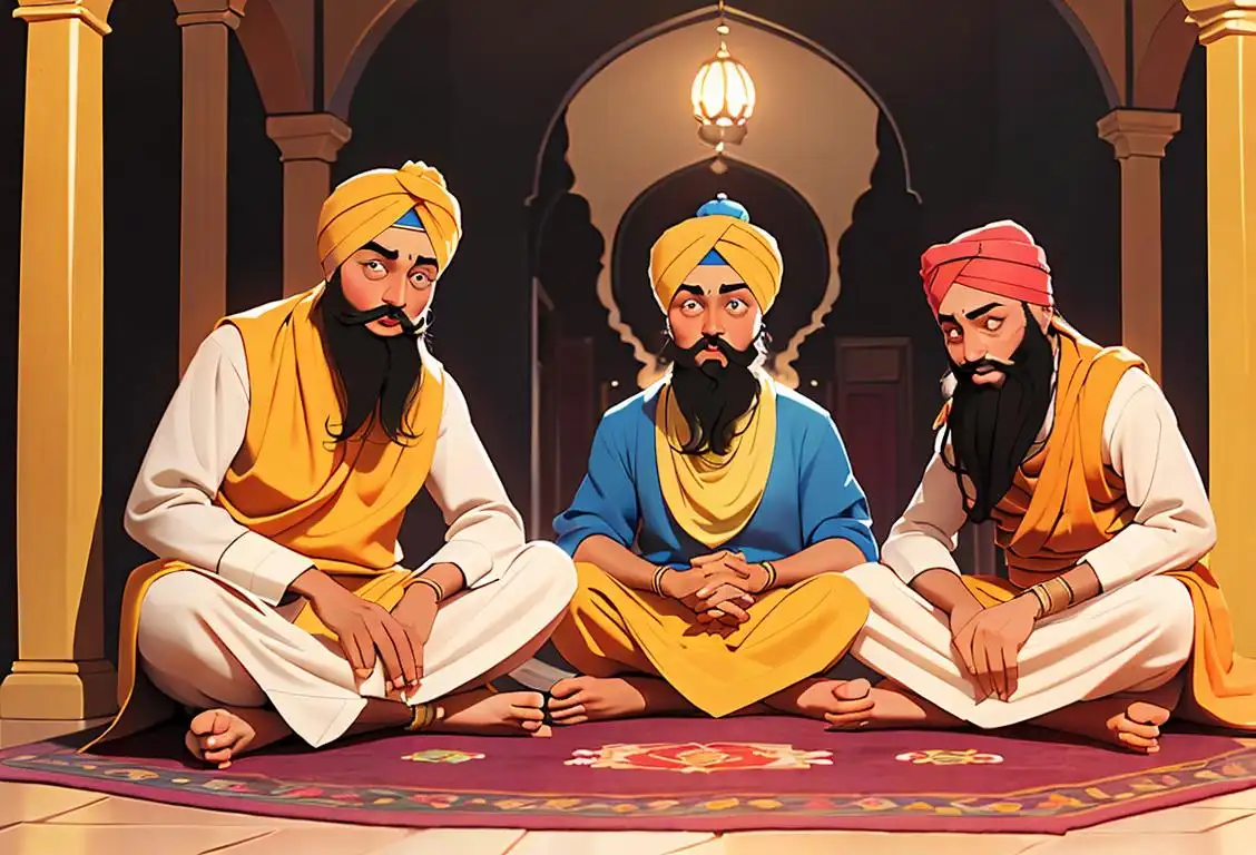 A Sikh family sitting cross-legged on a vibrant rug, wearing traditional clothing, in a decorated Gurdwara..