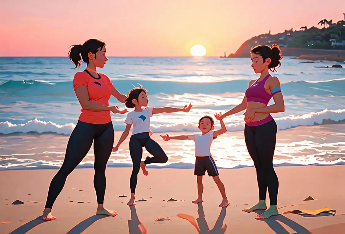 A diverse family wearing sportswear, doing yoga on a beach with beautiful sunset scenery..