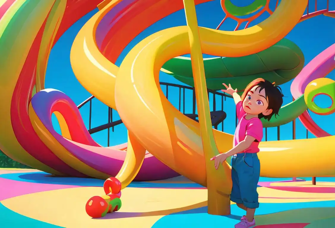 A child holding a slinky, wearing bright colored clothes, surrounded by a colorful playground with other children playing nearby..