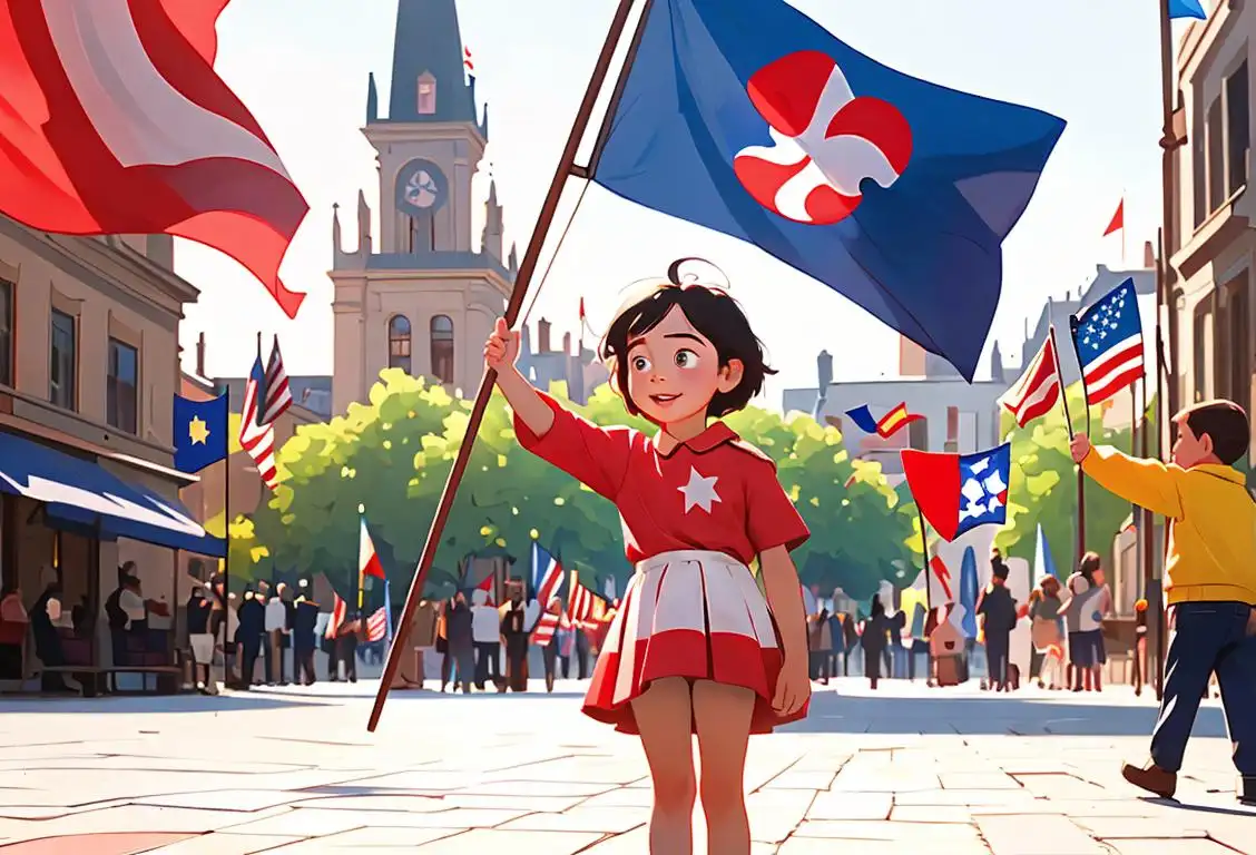 Happy child waving a flag, dressed in patriotic colors, surrounded by a diverse group in a bustling city square..