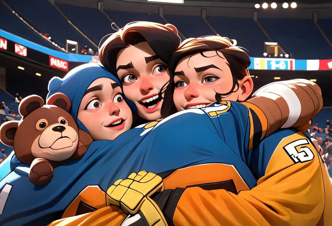 A group of sports fans giving a goalie a warm and enthusiastic bear hug, wearing their team jerseys and with an exciting stadium atmosphere..