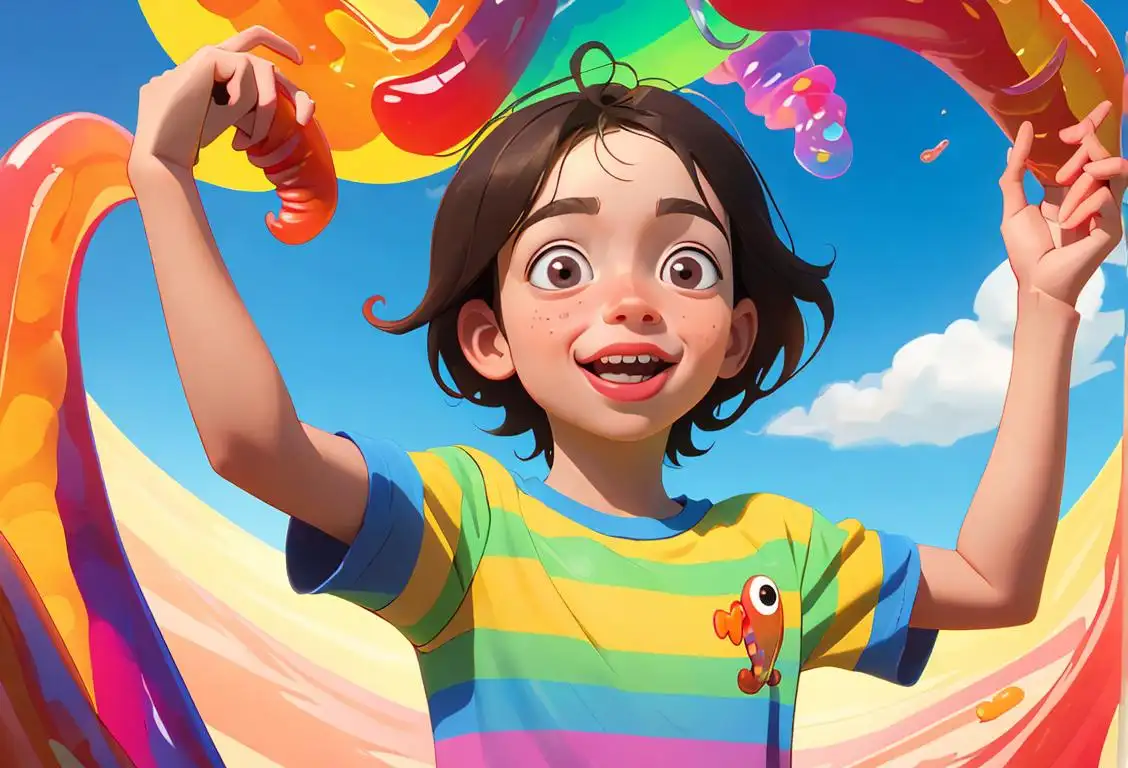 A cheerful child holding colorful gummy worms, wearing a striped t-shirt, sunny park setting..