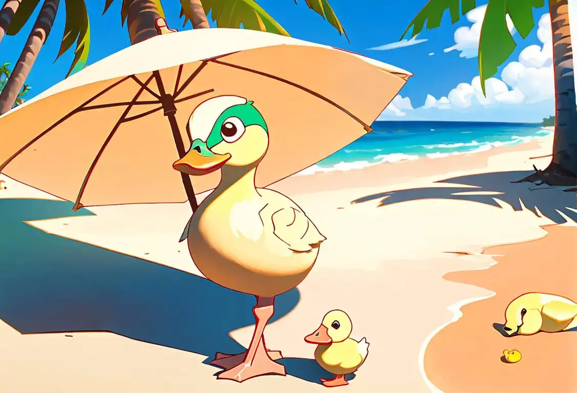 Cute duckling sipping on a fruity mocktail, wearing a sunhat, tropical beach setting with palm trees..