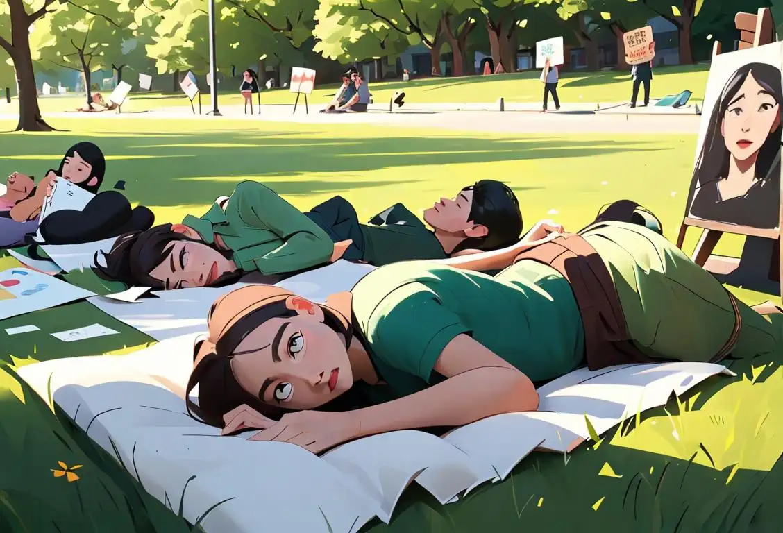Group of diverse people lying down on the grass, wearing casual outfits, urban park setting, surrounded by protest signs..