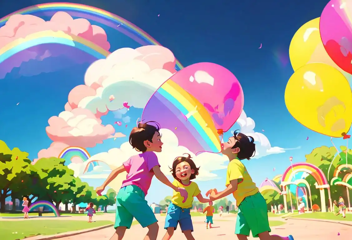 Happy children playing in a colorful park, wearing rainbow-themed outfits, surrounded by vibrant balloons and a beautiful rainbow in the sky..
