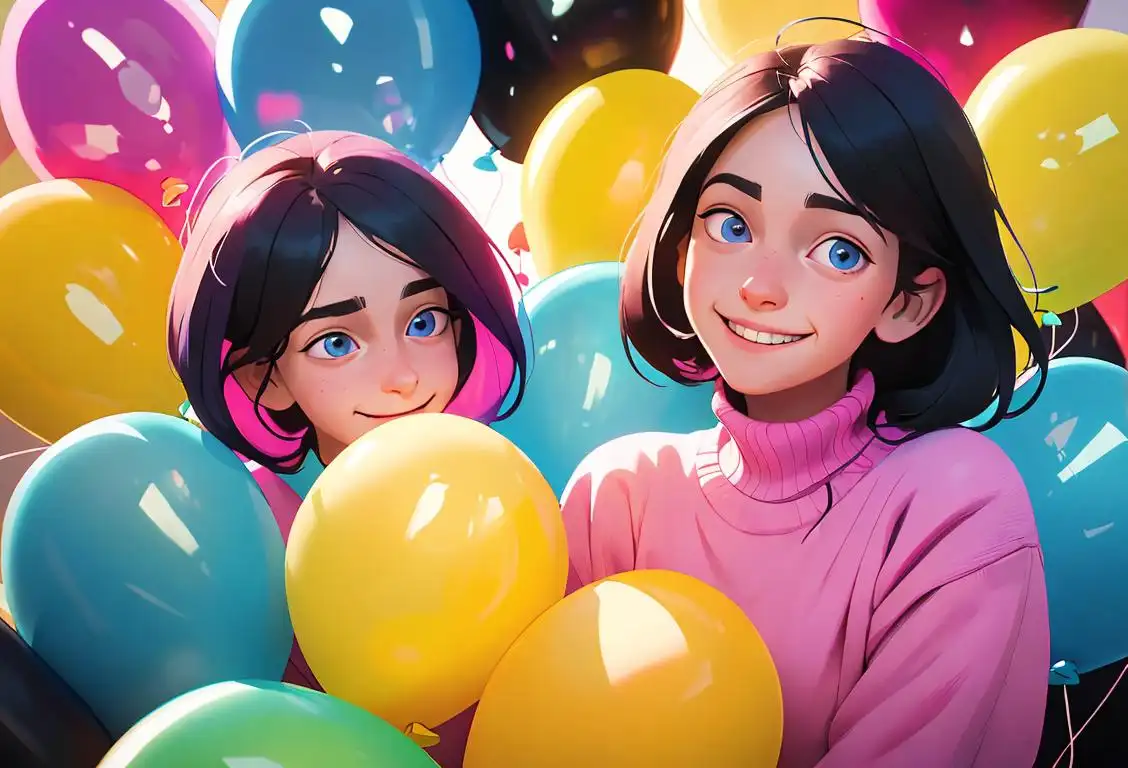 Young person surrounded by colorful balloons, smiling, wearing a cozy sweater, comforting home setting..
