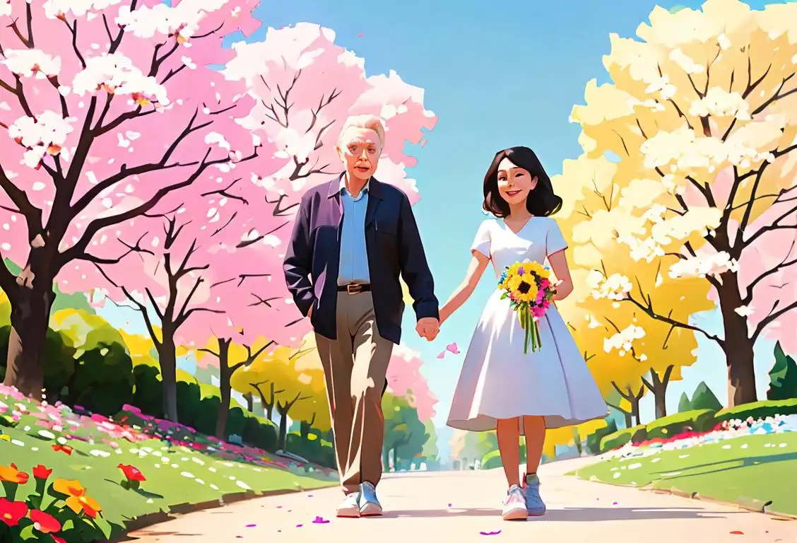 Image: Happy couple walking hand in hand on a sunny day, wearing colorful sneakers, surrounded by blooming flowers in a picturesque park..