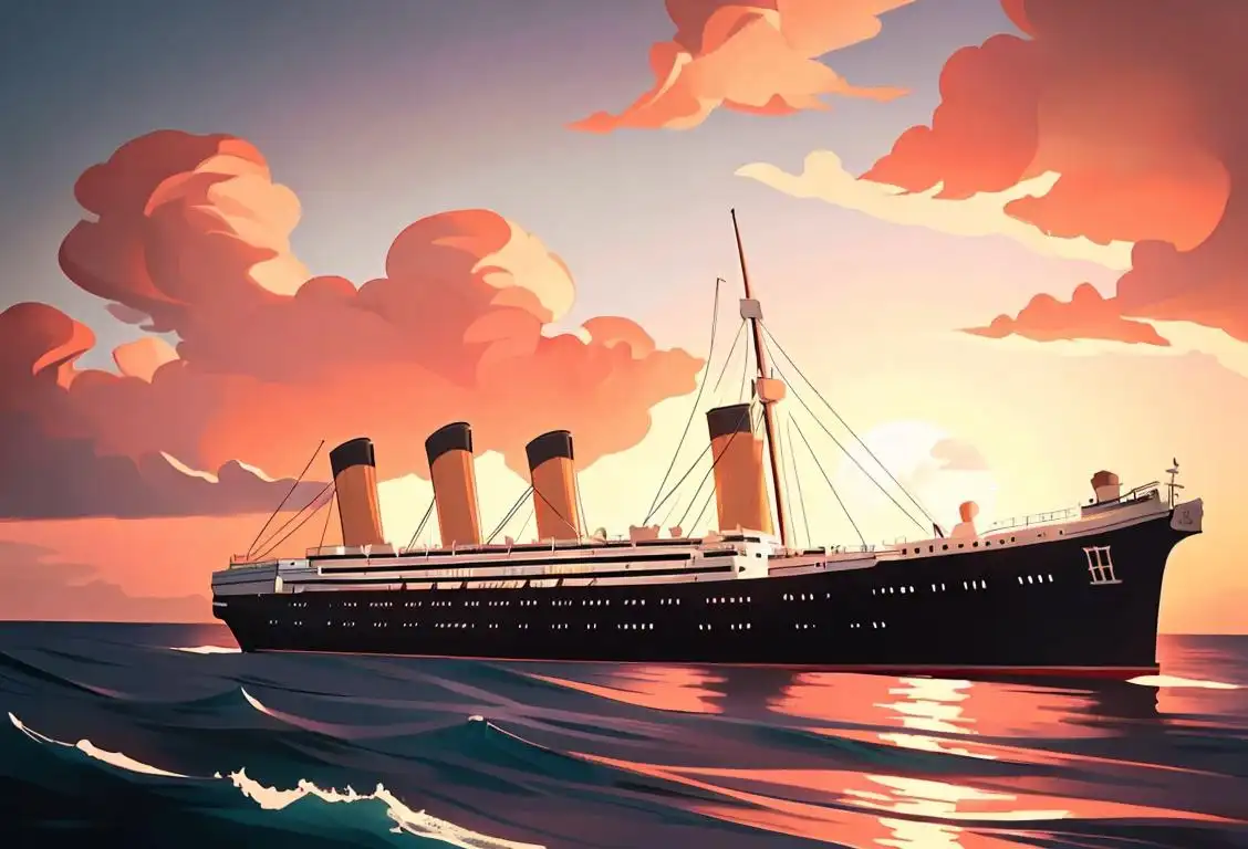 Illustration of a vintage ship sailing majestically on a calm ocean, with passengers waving and a beautiful sunset in the background..