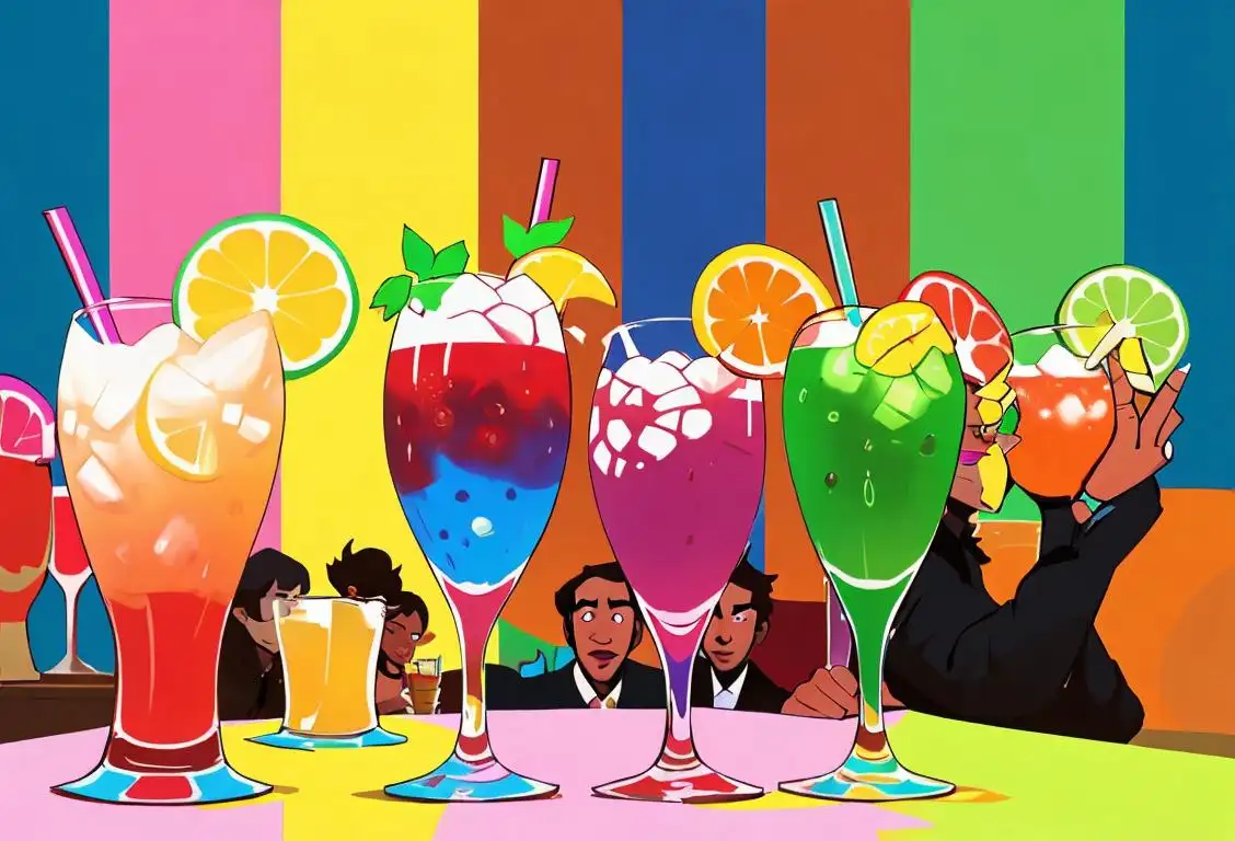 A group of friends raising colorful glasses filled with various beverages, surrounded by a vibrant backdrop representing different drink cultures, outfits, and settings..