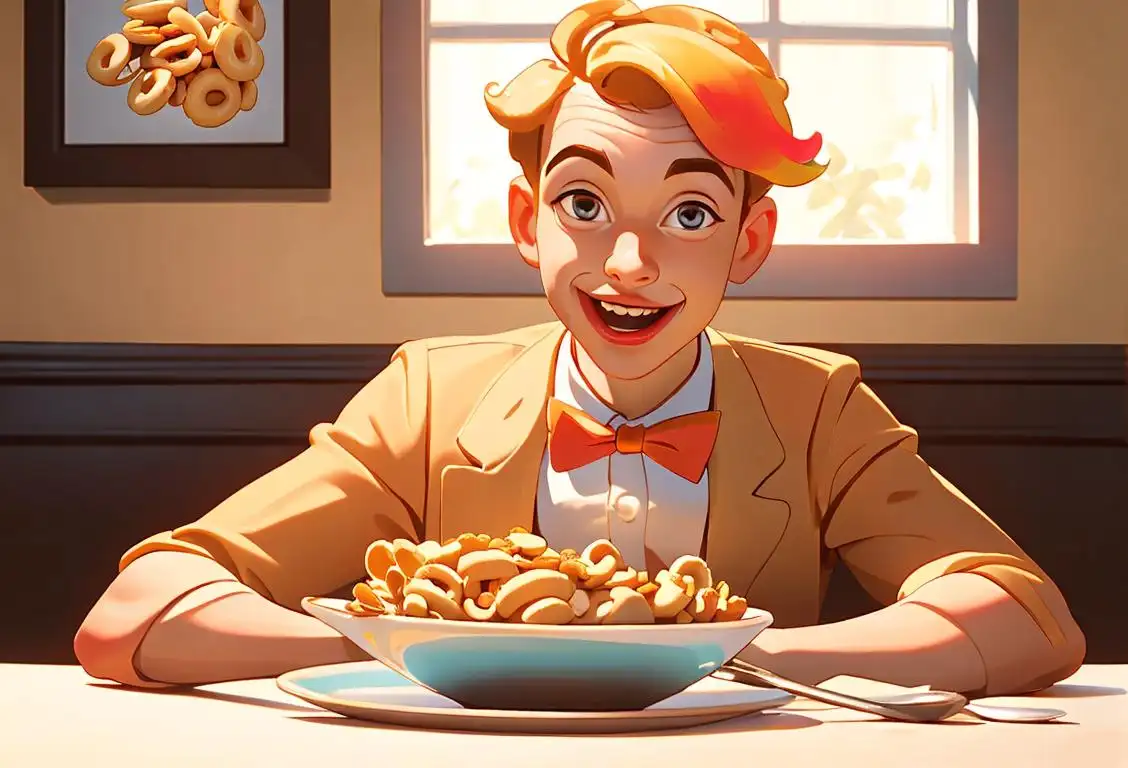 A cheerful person holding a spoonful of cheerios, wearing a colorful bow tie, surrounded by a whimsical breakfast table setting..