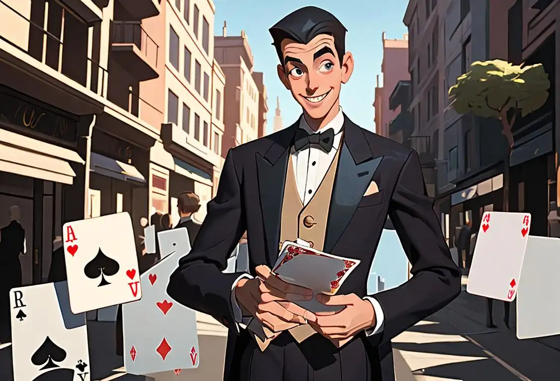 Young man in a sharp suit, holding a deck of playing cards, standing in a bustling city street, with a hint of mischievous smile..