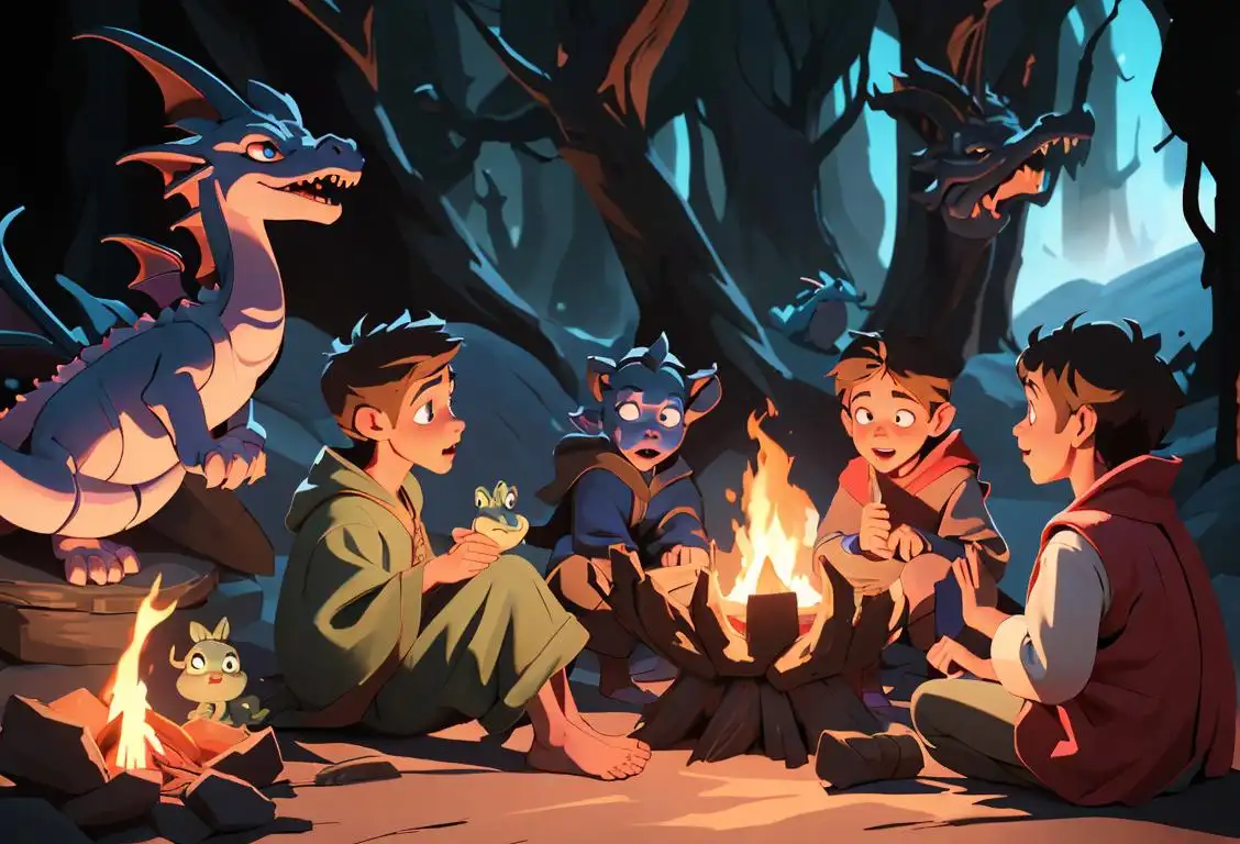 A group of children sitting around a campfire, telling magical stories about wizards, dragons, and talking animals..