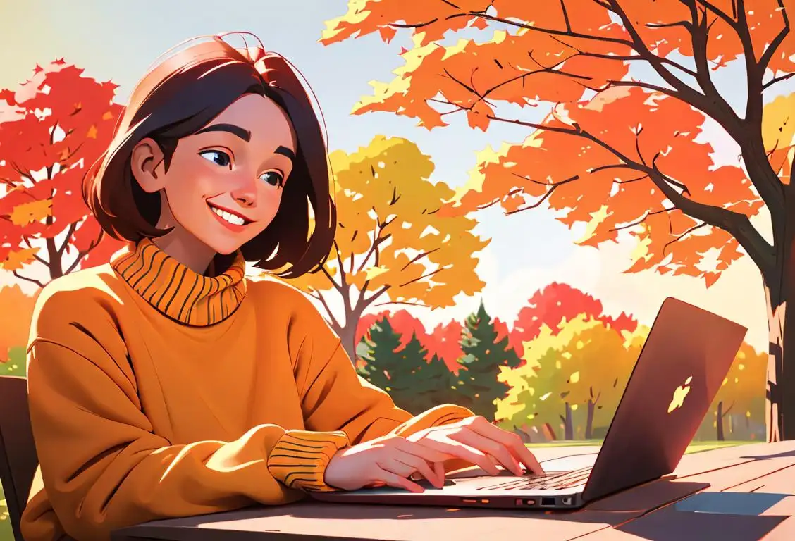 Happy individuals in cozy sweaters, smiling faces on laptop screens, warm colors and autumn leaves in a serene setting..