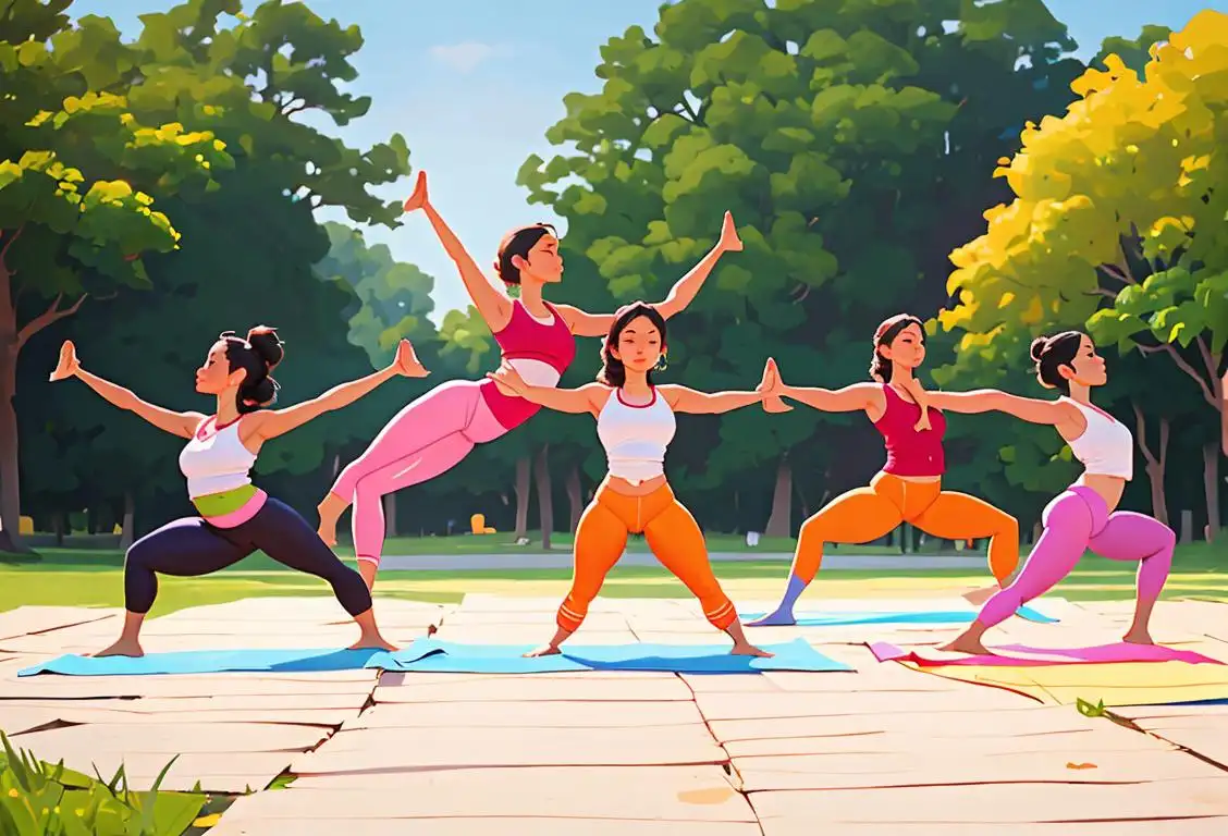 Group of people doing yoga poses in front of a large national flag, wearing comfortable yoga clothes, serene outdoor nature setting..