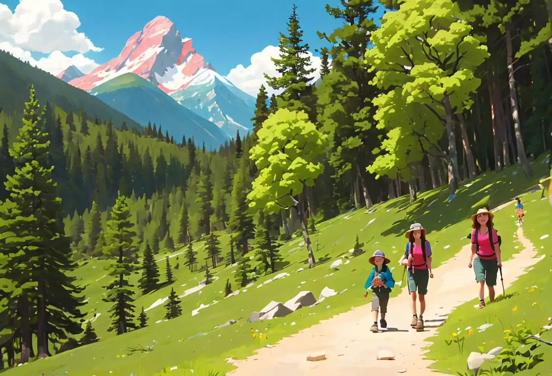 A family hiking in a national park, wearing hats and colorful hiking gear, surrounded by lush greenery and majestic mountains..