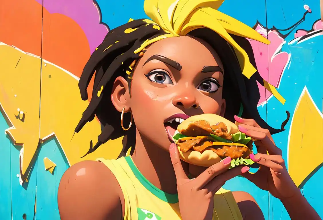 Cheerful young woman taking a delicious bite of a Jamaican patty with colorful Caribbean-inspired street art in the background..
