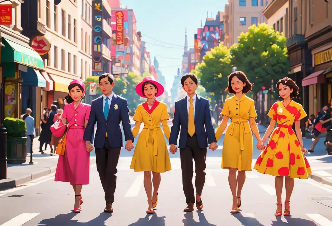 Group of diverse individuals, dressed in colorful attire and holding hands, with a backdrop of a bustling city street.