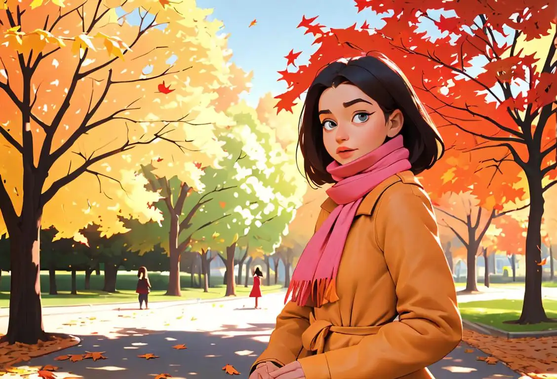 Young woman wearing a colorful scarf, playing with autumn leaves, A-Line dress, State Day celebration in a park.