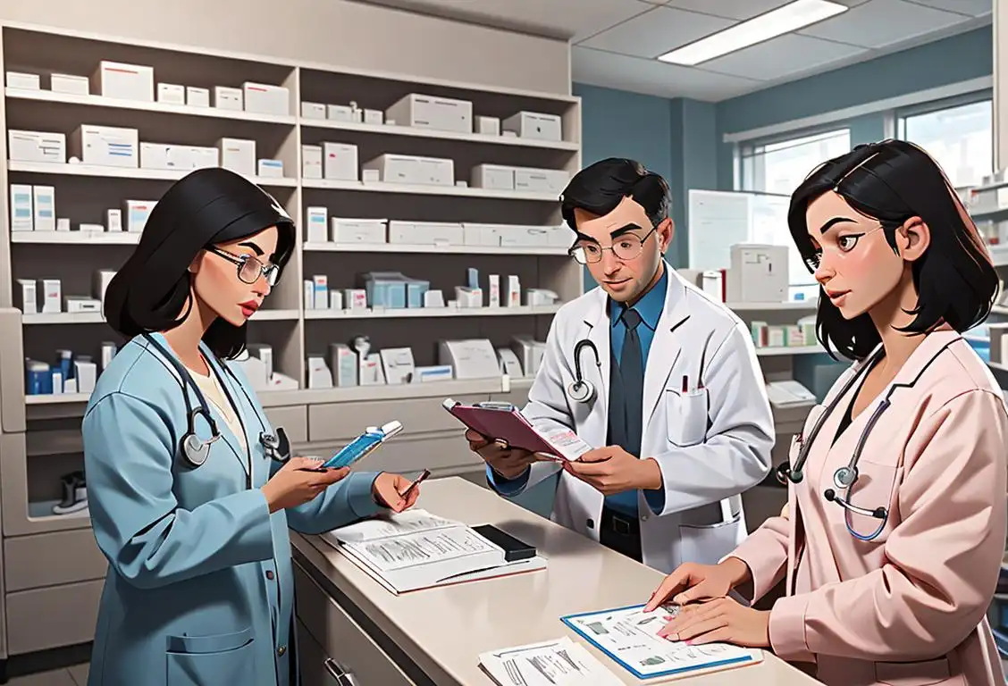 Group of diverse people, wearing lab coats and stethoscopes, surrounded by shelves filled with prescription drugs, in a modern pharmacy setting..