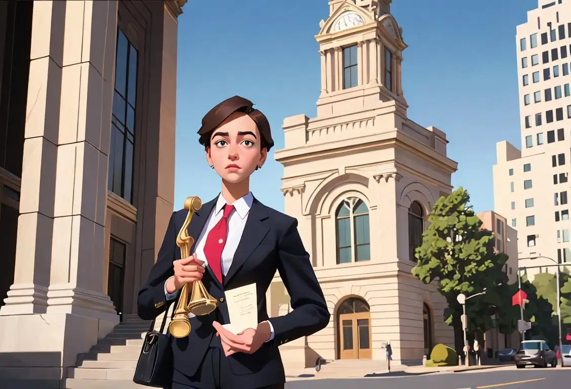 Young adult dressed in business attire, holding a gavel, in front of a courthouse, midtown city scene..