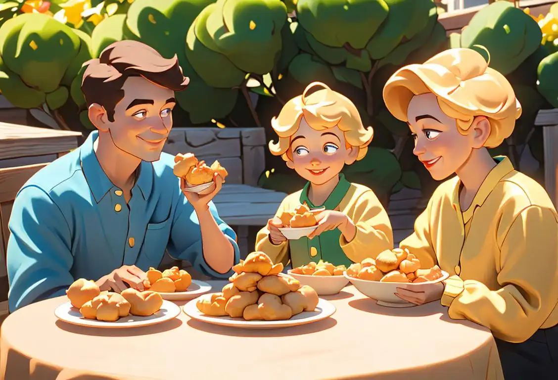 A delightful plate of golden nuggets, perfectly crispy and ready to be enjoyed. A smiling family surrounds the plate, dressed in bright, casual outfits, in a sunny backyard setting..