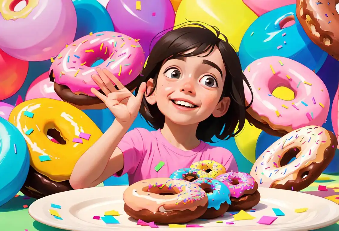 A smiling child reaching for a plate of colorful leftover donuts, surrounded by balloons and confetti..