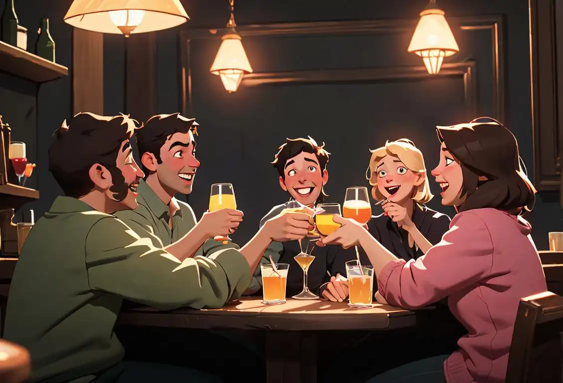 A group of friends raising their glasses in a cozy pub, wearing casual attire, surrounded by dim lighting and laughter..