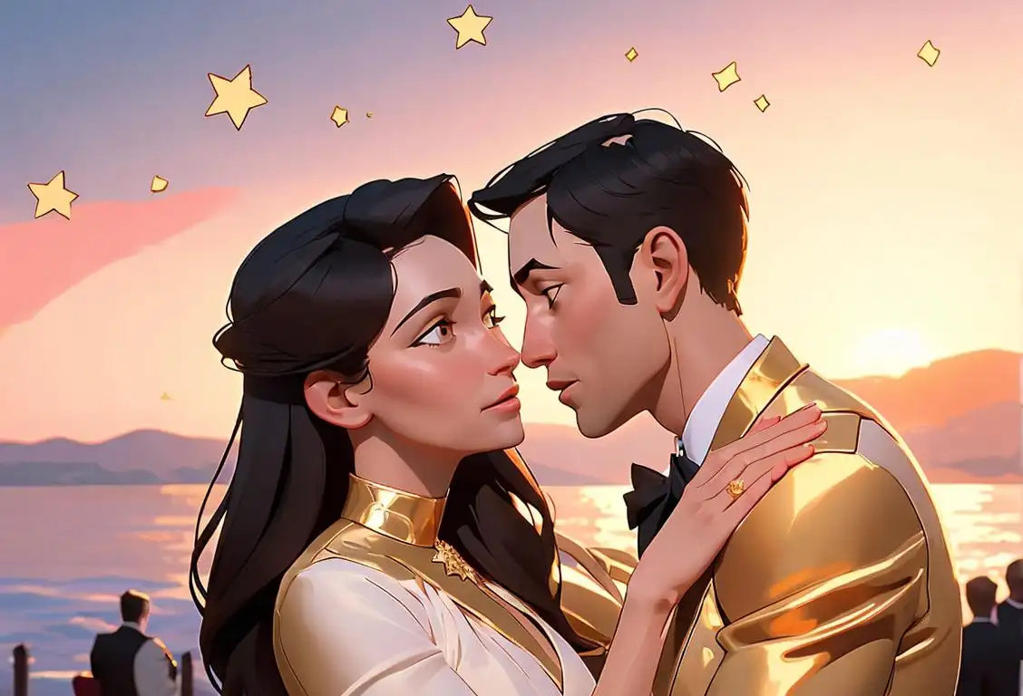 A loving couple embracing, dressed in elegant attire, surrounded by a warm sunset, symbolizing the resilience and strength of gold star spouses..