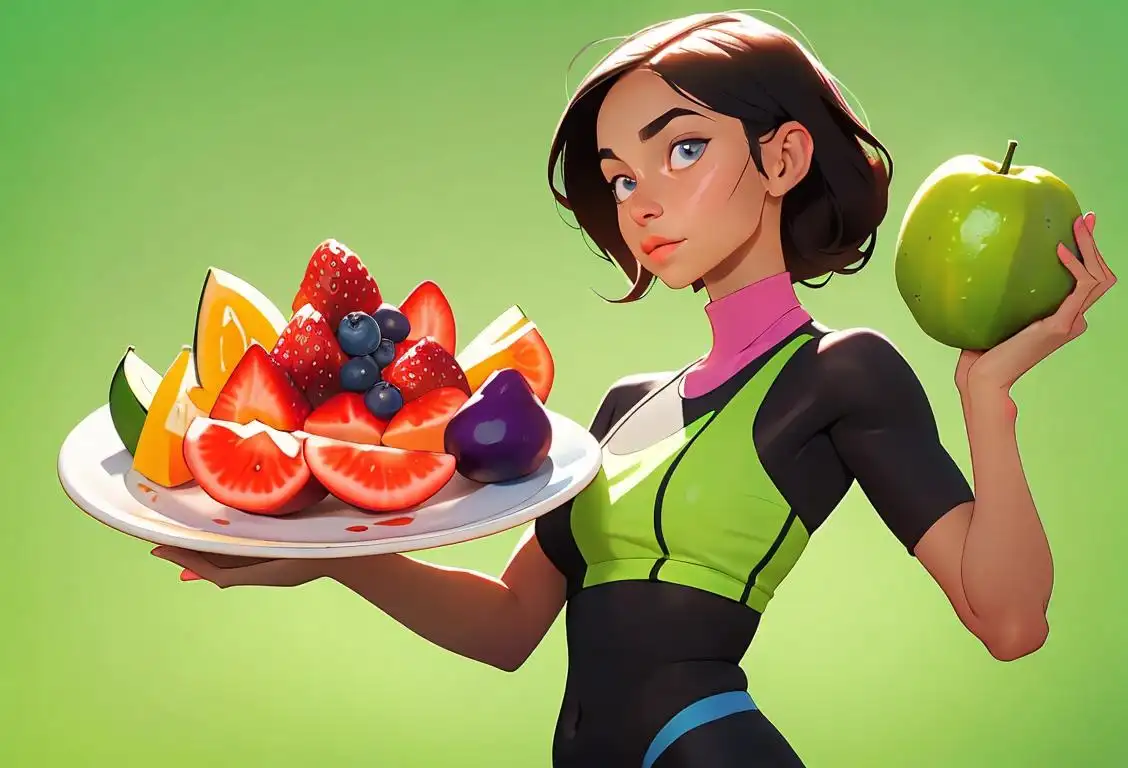 Healthy-eating enthusiast holding a plate of colorful fruits and vegetables, wearing a workout outfit, fitness gym background..
