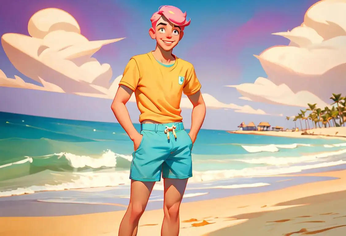A smiling young man with a confident posture, wearing colorful shorts, retro fashion, lively beach setting..