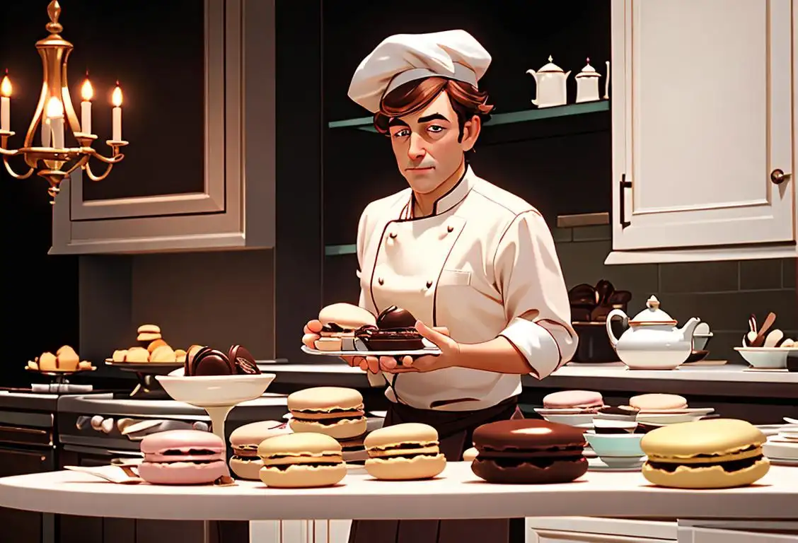 A person wearing a chef's hat, holding a tray of chocolate macaroons, surrounded by a kitchen full of baking ingredients..