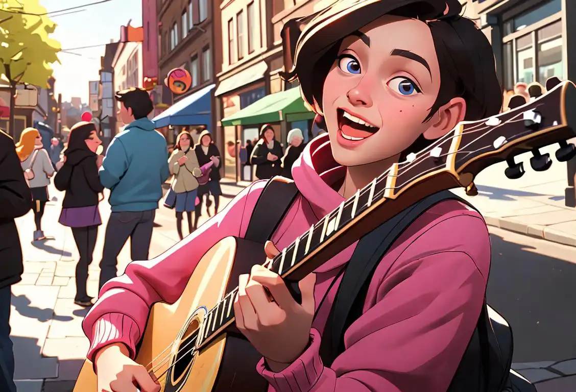 Young musician playing a guitar in a vibrant street scene, surrounded by an excited crowd, exuding a lively and cheerful atmosphere..