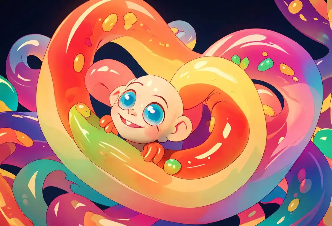 A child holding a handful of colorful gummi worms with a big smile on their face, surrounded by a vibrant candy store..