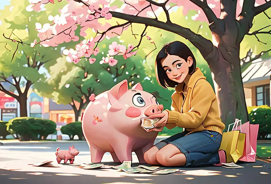 Happy person with a piggy bank, counting money under a tree, surrounded by coupons and shopping bags..