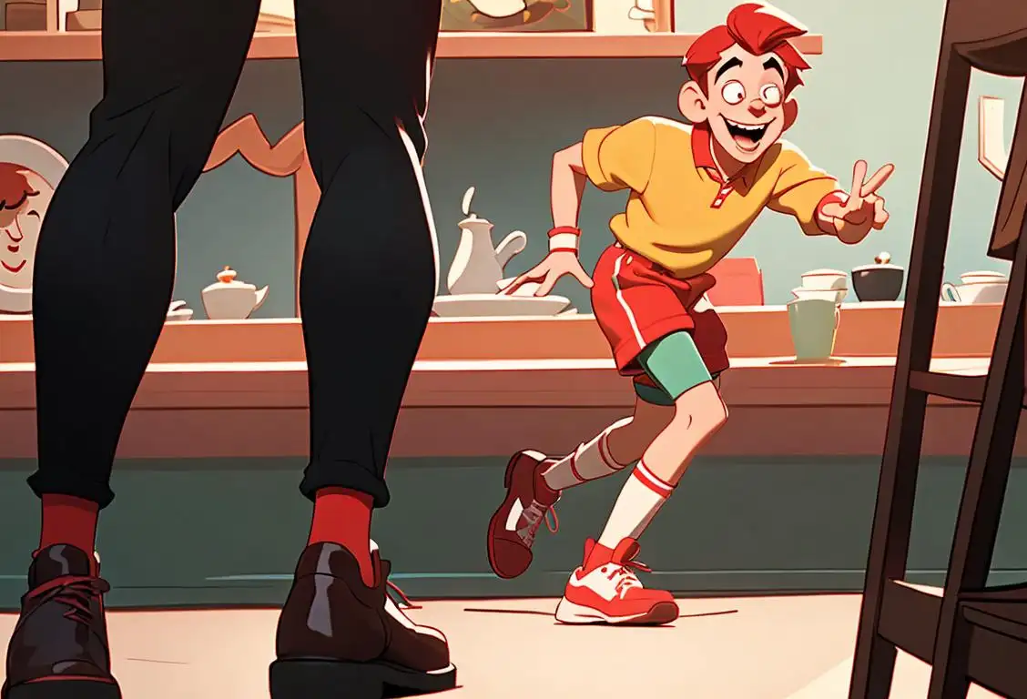Young man with red face, tripping on his shoelaces, wearing mismatched socks, in a crowded cafe scene, with friends laughing in the background..