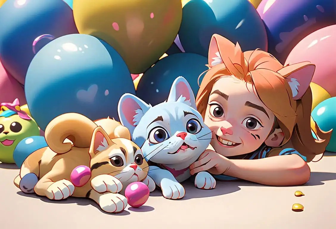 A joyful child with a group of cute pets, surrounded by toys, treats, and love-filled decorations, capturing the essence of National Pet Appreciation Day..