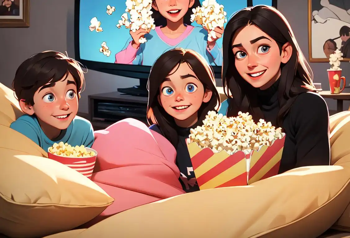 A family gathered around a TV, enjoying a movie marathon with popcorn, cozy blankets, and smiling faces..