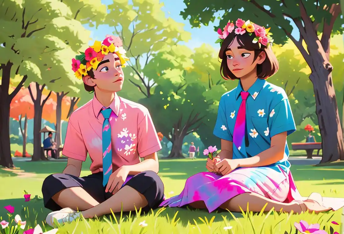 Two friends sitting in a park, surrounded by nature, sharing a joint, wearing tie-dye shirts and flower crowns..