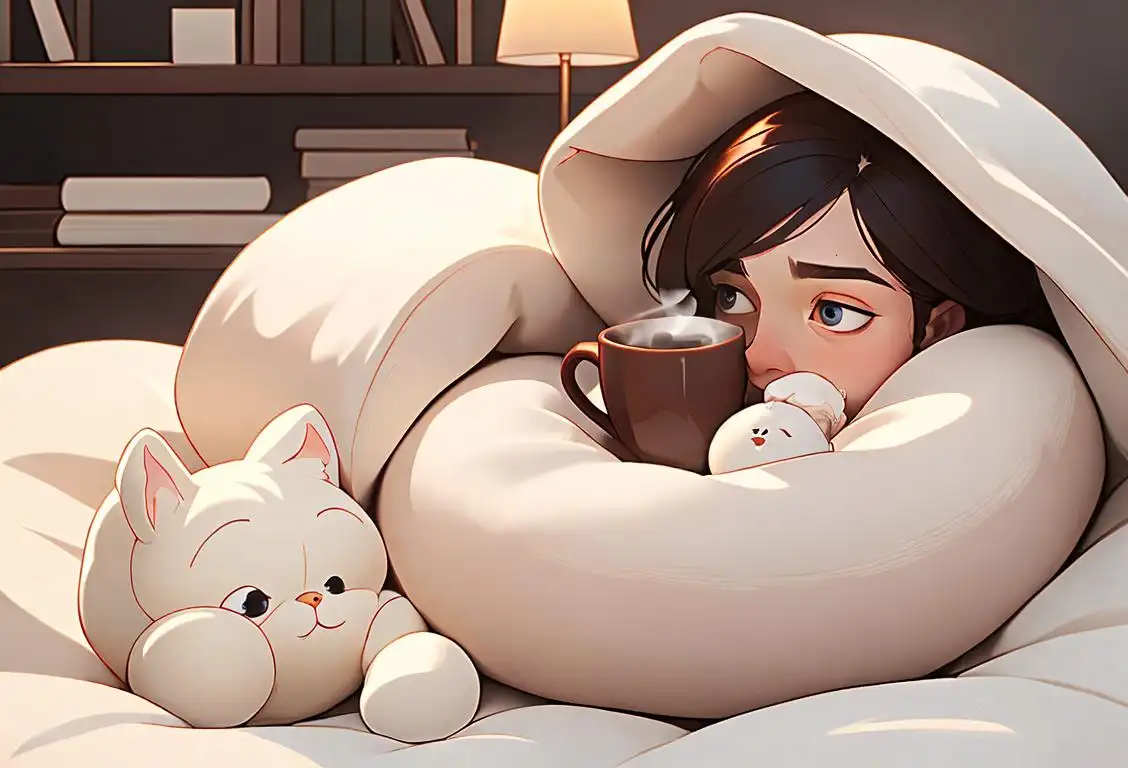 Warm, cozy scene with a person wrapped in a fluffy duvet, nestled among soft pillows, surrounded by books and a steaming cup of hot cocoa..